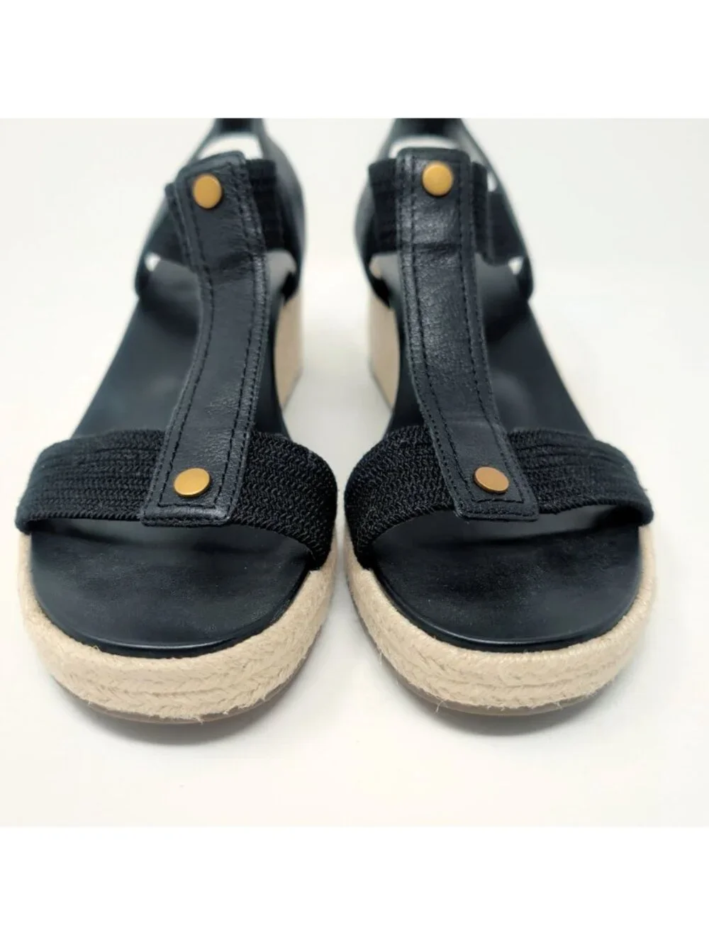 Vionic Espadrilles 12 Black Leather Wedge Platform Calera